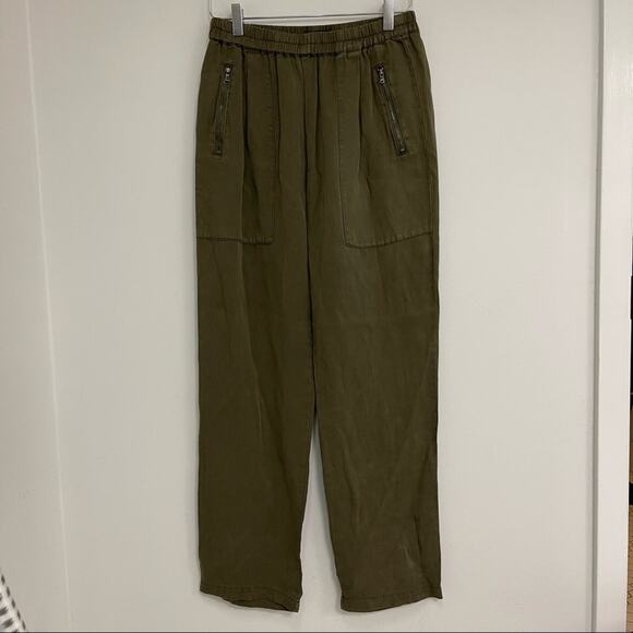NWOT KAREN KANE Pants Army Green Stretch Waist Band Zipper Tencel Size Small - Picture 2 of 10